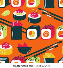seamless pattern of sushi and rolls on an orange background. a flat drawing of Japanese cuisine in the style of minimalism. abstract graphic background for sushi bar. stock vector illustration. EPS 10