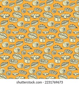seamless pattern of sushi and rolls on an orange background. sketch drawing of Japanese cuisine. abstract graphic background for sushi bar. stock vector illustration. EPS 10