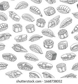 Seamless pattern sushi rolls, outline monochrome background of japanese sushi food for seafood shop or restaurant design. Vector illustration.