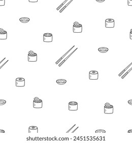 Seamless pattern Sushi and rolls set doodle style. Vector illustration of Japanese Asian cuisine, menu icons for restaurants.