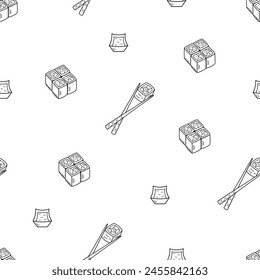 Patrón sin fisuras Sushi y rollos conjunto estilo doodle. Ilustración vectorial de cocina asiática japonesa, iconos de menú para restaurantes.
