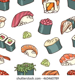 Seamless pattern with a sushi and rolls, vector color version.