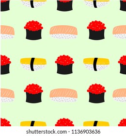 Seamless pattern sushi, salmon sushi, sweet egg on the light green background 