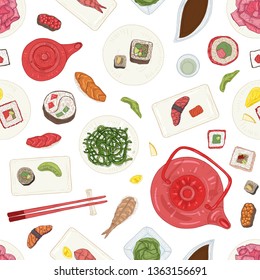 Seamless pattern with sushi, sashimi, rolls on plates and ingredients on white background. Backdrop with delicious Japanese meals. Realistic hand drawn vector illustration for wrapping paper.