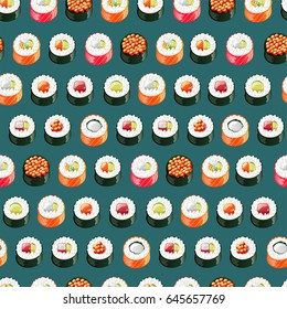 seamless pattern sushi set. roll japanese food with fish. vector illustration   
