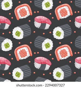 Seamless pattern with sushi and shrimps on a dark background. Colorful food background, restaurant menu, vector