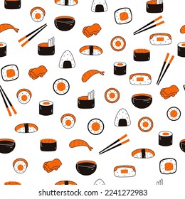 Patrón sin foco con sushi, salsa de soja, jengibre, wasabi, palillos en forma de doodle. Antecedentes de la cocina tradicional japonesa
