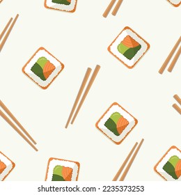 Seamless pattern with sushi and sticks - sushi with salmon. Flat style illustration. Asian food