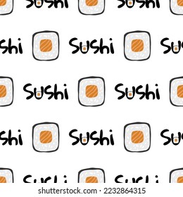 Patrón sin inconvenientes con texto de sushi e ilustración de maki roll sobre fondo blanco