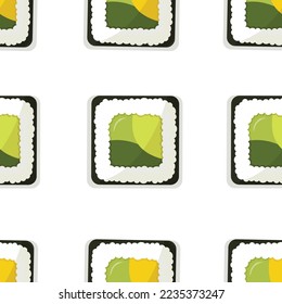 Seamless pattern with sushi - vegan sushi with avocado, zucchini and cucumber. Flat style illustration. Asian food