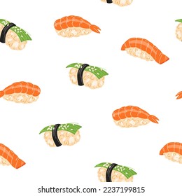 Patrón sin foco con sushi, fondo blanco. Ilustración del vector


