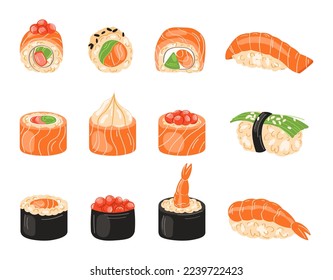 Patrón sin foco con sushi, fondo blanco. Ilustración del vector