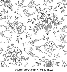 Seamless pattern with swallow bird flying in garden hand drawn isolated on white background. Can be used for coloring book for adult and older children. Vector illustration.