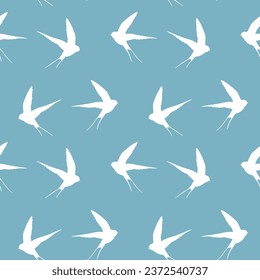 Seamless pattern with swallow silhouette on color background. Cute bird in flight. Vector illustration.  Doodle style. Design for invitation, poster, card, fabric, textile.