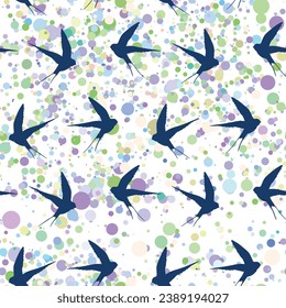 Seamless pattern with swallow silhouette on color background. Cute bird in flight. Vector illustration.  Doodle style. Design for invitation, poster, card, fabric, textile.