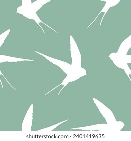 Seamless pattern with swallow silhouette on color background. Cute bird in flight. Vector illustration.  Doodle style. Design for invitation, poster, card, fabric, textile.
