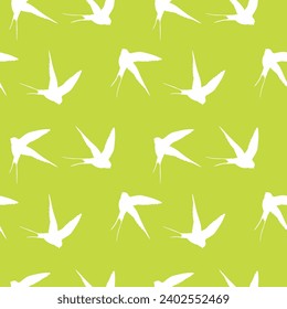 Seamless pattern with swallow silhouette on color background. Cute bird in flight. Vector illustration.  Doodle style. Design for invitation, poster, card, fabric, textile.