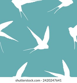 Seamless pattern with swallow silhouette on color background. Cute bird in flight. Vector illustration.  Doodle style. Design for invitation, poster, card, fabric, textile.