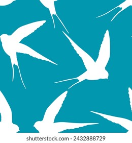 Seamless pattern with swallow silhouette on color background. Cute bird in flight. Vector illustration.  Doodle style. Design for invitation, poster, card, fabric, textile.