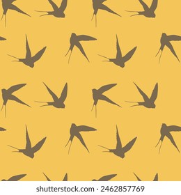 Seamless pattern with swallow silhouette on color background. Cute bird in flight. Vector illustration.  Doodle style. Design for invitation, poster, card, fabric, textile.