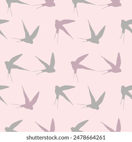 Seamless pattern with swallow silhouette on color background. Cute bird in flight. Vector illustration.  Doodle style. Design for invitation, poster, card, fabric, textile.