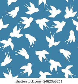 Patrón sin fisuras con silueta de golondrina sobre fondo de color. Lindo pájaro en vuelo. Ilustración vectorial.  Estilo Doodle. Diseño para invitación, póster, tarjeta, tela, textil.