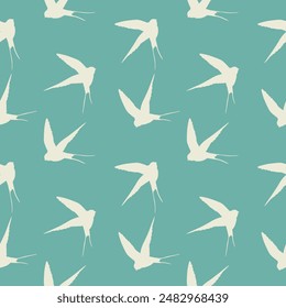 Seamless pattern with swallow silhouette on color background. Cute bird in flight. Vector illustration.  Doodle style. Design for invitation, poster, card, fabric, textile.