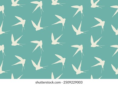 Seamless pattern with swallow silhouette on color background. Cute bird in flight. Vector illustration.  Doodle style. Design for invitation, poster, card, fabric, textile.