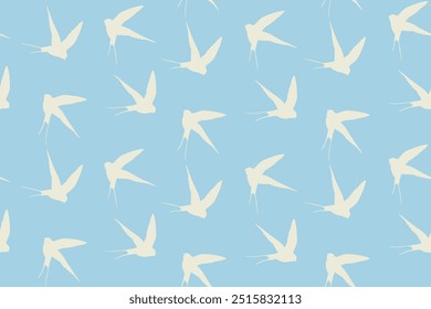 Seamless pattern with swallow silhouette on color background. Cute bird in flight. Vector illustration.  Doodle style. Design for invitation, poster, card, fabric, textile.