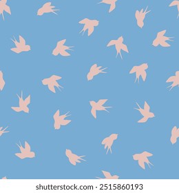Seamless pattern with swallow silhouette on color background. Cute bird in flight. Vector illustration.  Doodle style. Design for invitation, poster, card, fabric, textile.