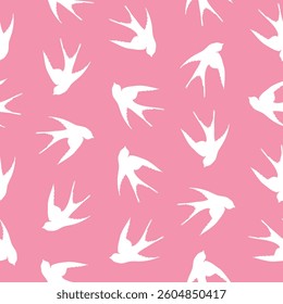 Seamless pattern with swallow silhouette on color background. Cute bird in flight. Vector illustration.  Doodle style. Design for invitation, poster, card, fabric, textile.