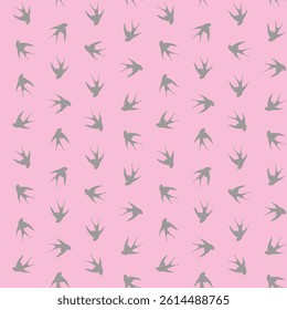 Seamless pattern with swallow silhouette on color background. Cute bird in flight. Vector illustration.  Doodle style. Design for invitation, poster, card, fabric, textile.