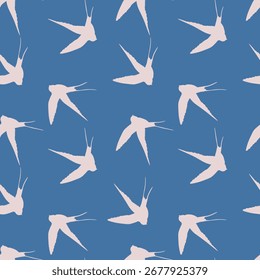 Seamless pattern with swallow silhouette on color background. Cute bird in flight. Vector illustration.  Doodle style. Design for invitation, poster, card, fabric, textile.