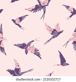 Seamless pattern of swallow silhouettes. Flying birds in different angles. An element of vector design.