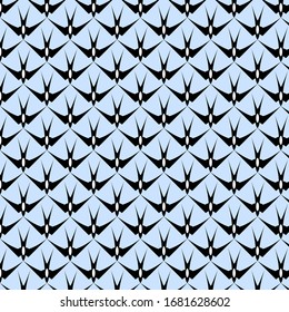 Seamless pattern of swallow silhouettes on a white, light blue, light yellow background. Flying birds in different views. Vector Design element.