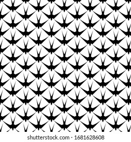 Seamless pattern of swallow silhouettes on a white, light blue, light yellow background. Flying birds in different views. Vector Design element.