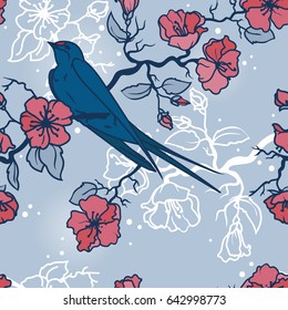 Seamless pattern with swallow sitting on blooming tree branches, vector illustration