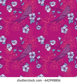 Seamless pattern with swallow sitting on blooming tree branches, vector illustration