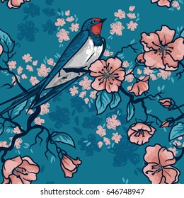 Seamless pattern with swallow sitting on blooming tree branches, sketch style, vector illustration