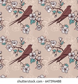 Seamless pattern with swallow sitting on blooming tree branches, classic retro palette, vector illustration