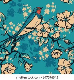 Seamless pattern with swallow sitting on blooming tree branches, sketch style, vector illustration
