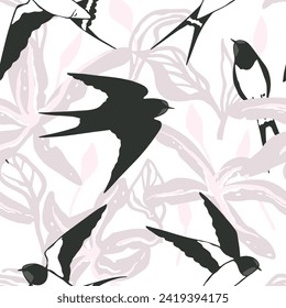 Seamless pattern with swallows and big abstract flowers