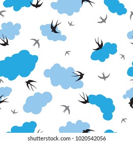 seamless pattern. Swallows and clouds. spring mood