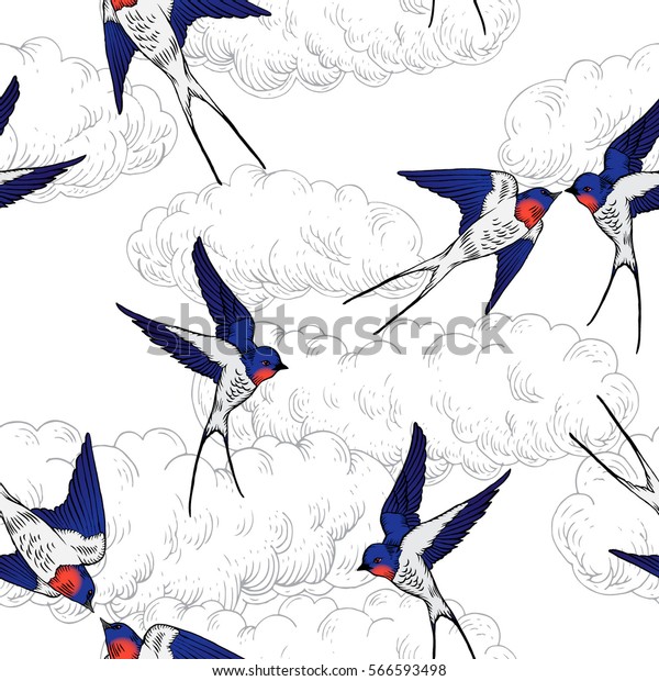 Seamless Pattern Swallows Flying Sky Tattoo Stock Vector Royalty Free