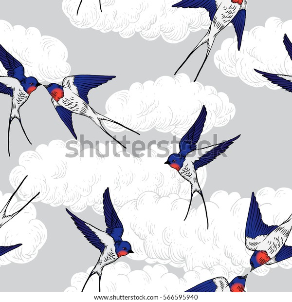 Seamless Pattern Swallows Flying Sky Tattoo Stock Vector Royalty Free