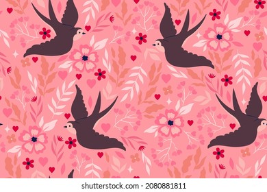 Seamless pattern with swallows, hearts and flowers. Vector graphics.
