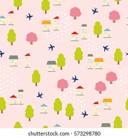 Seamless Pattern of Swallows and houses