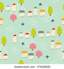 Seamless Pattern of Swallows and houses