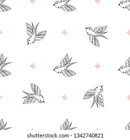 Seamless pattern with swallows on a white background. Vector illustration.