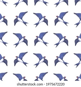 Seamless pattern of swallows on a white background. Birds fly in different angles. Vector, illustration